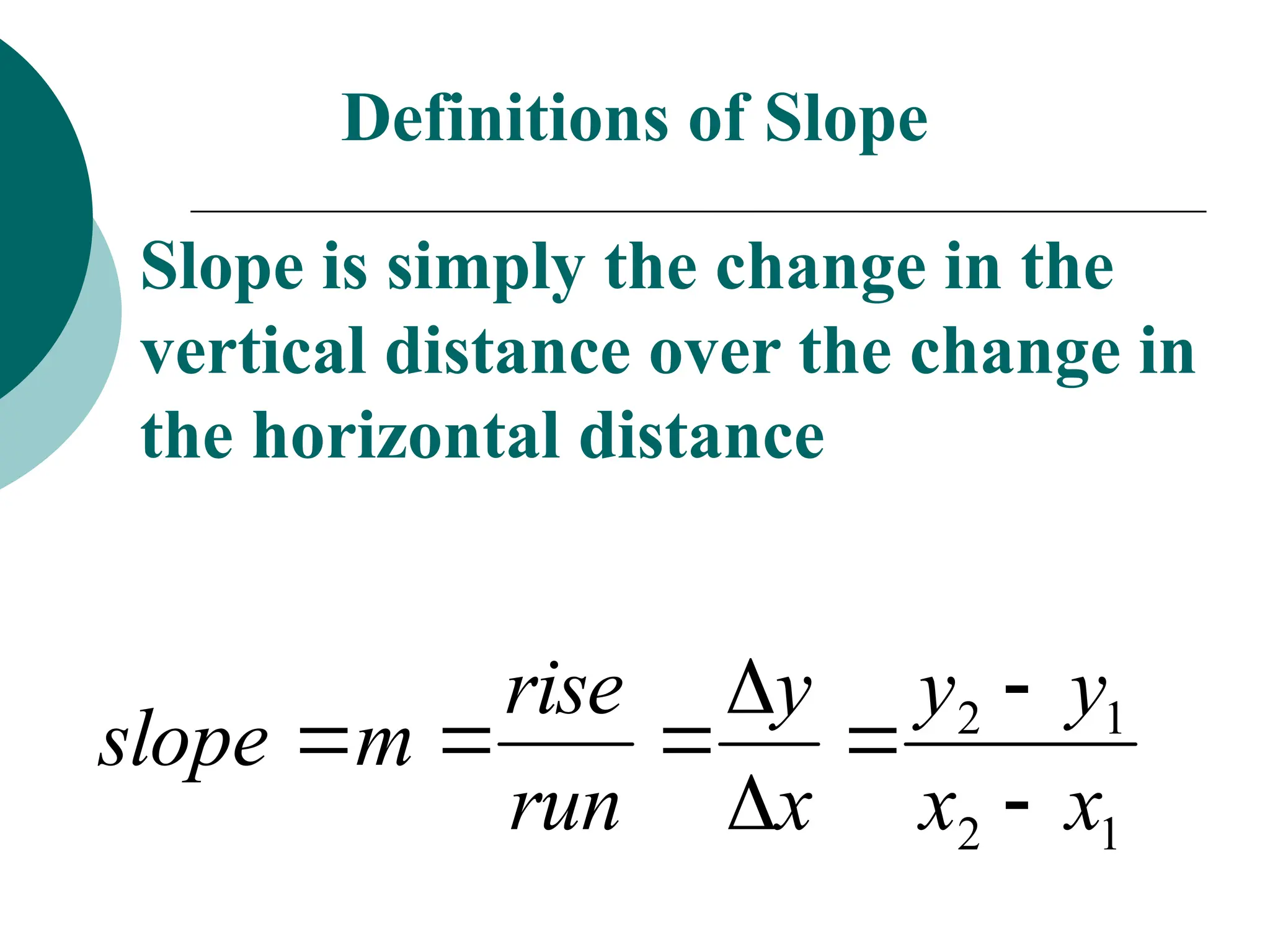 Definitions of Slope
Slope is simply the change in the
vertical distance over the change in
the horizontal distance
1
2
1
2
x
x
y
y
x
y
run
rise
m
slope








 