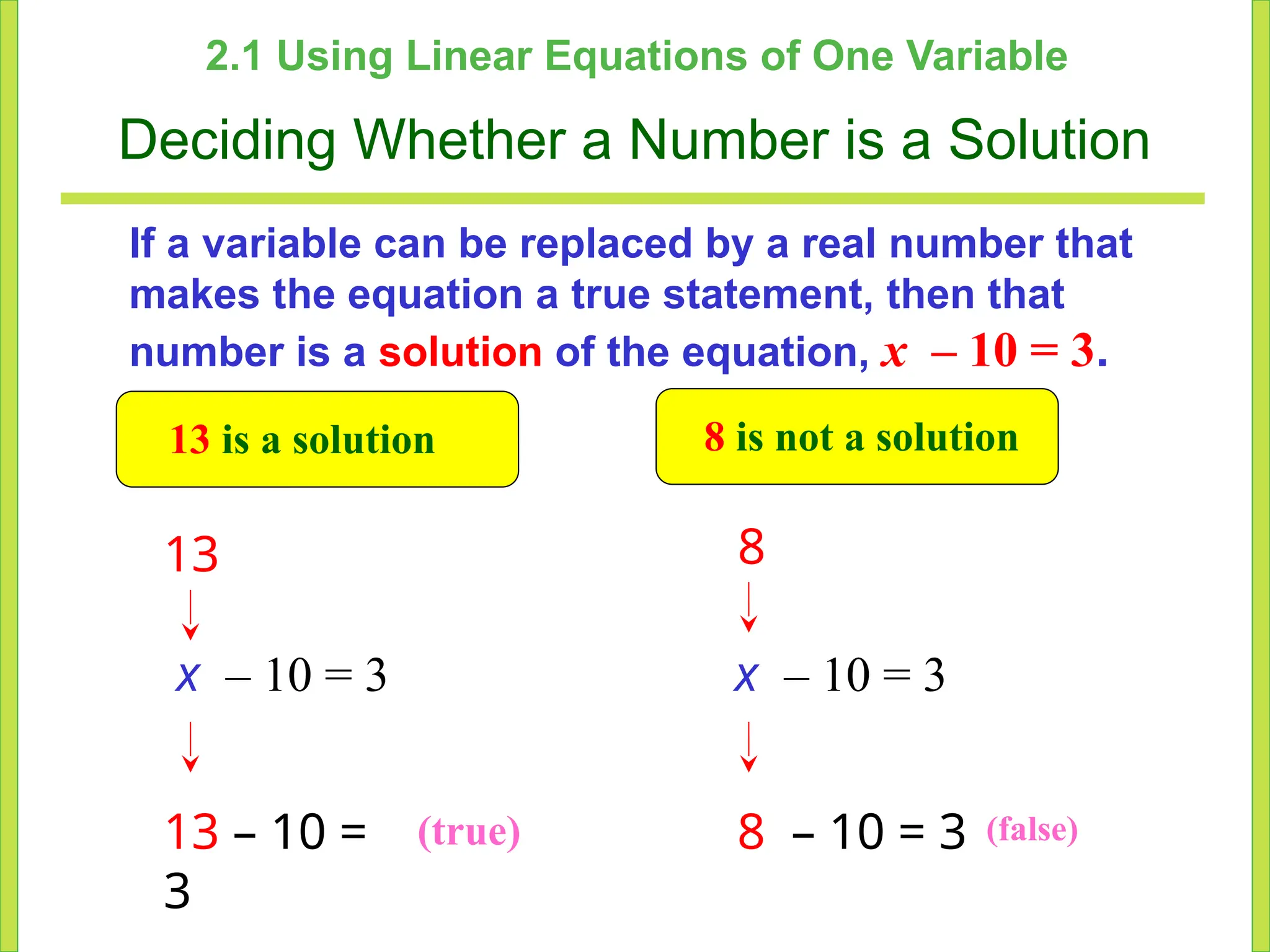 2.1 Using Linear Equations of One Variable
Deciding Whether a Number is a Solution
If a variable can be replaced by a real number that
makes the equation a true statement, then that
number is a solution of the equation, x – 10 = 3.
x – 10 = 3
13
13 – 10 =
3
x – 10 = 3
8
8 – 10 = 3
(true) (false)
13 is a solution 8 is not a solution
 
