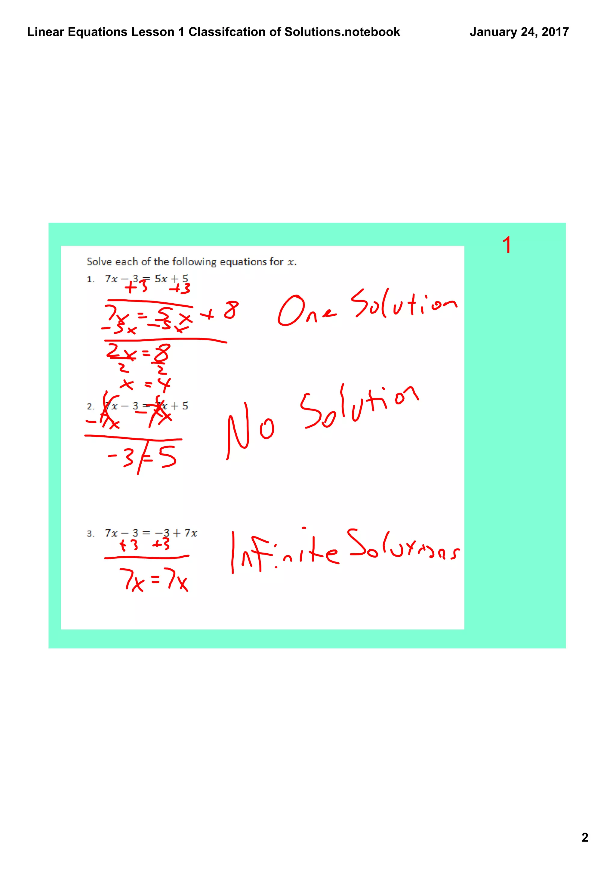 Linear Equations Lesson 1 Classifcation of Solutions.notebook
2
January 24, 2017
1