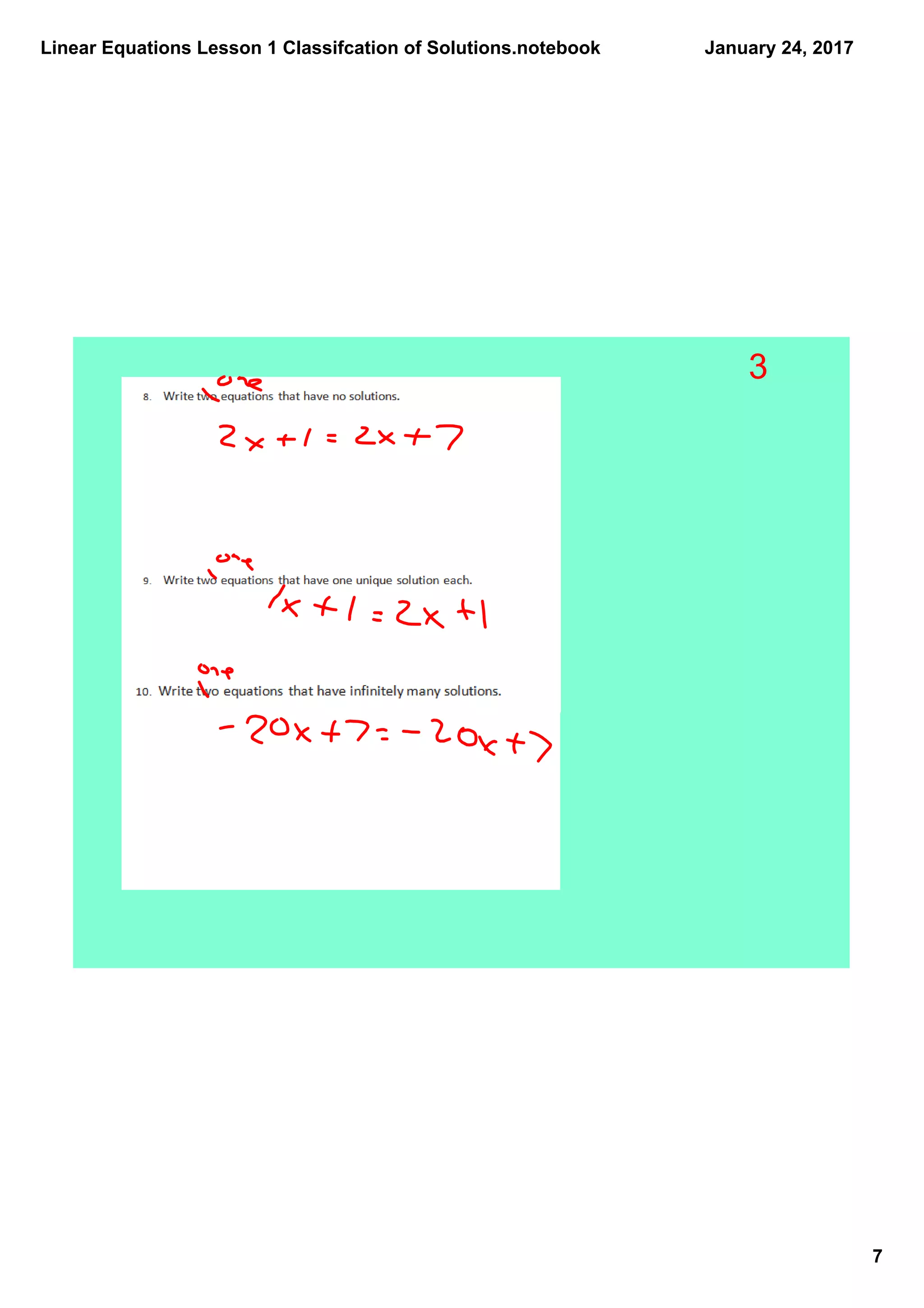Linear Equations Lesson 1 Classifcation of Solutions.notebook
7
January 24, 2017
3
