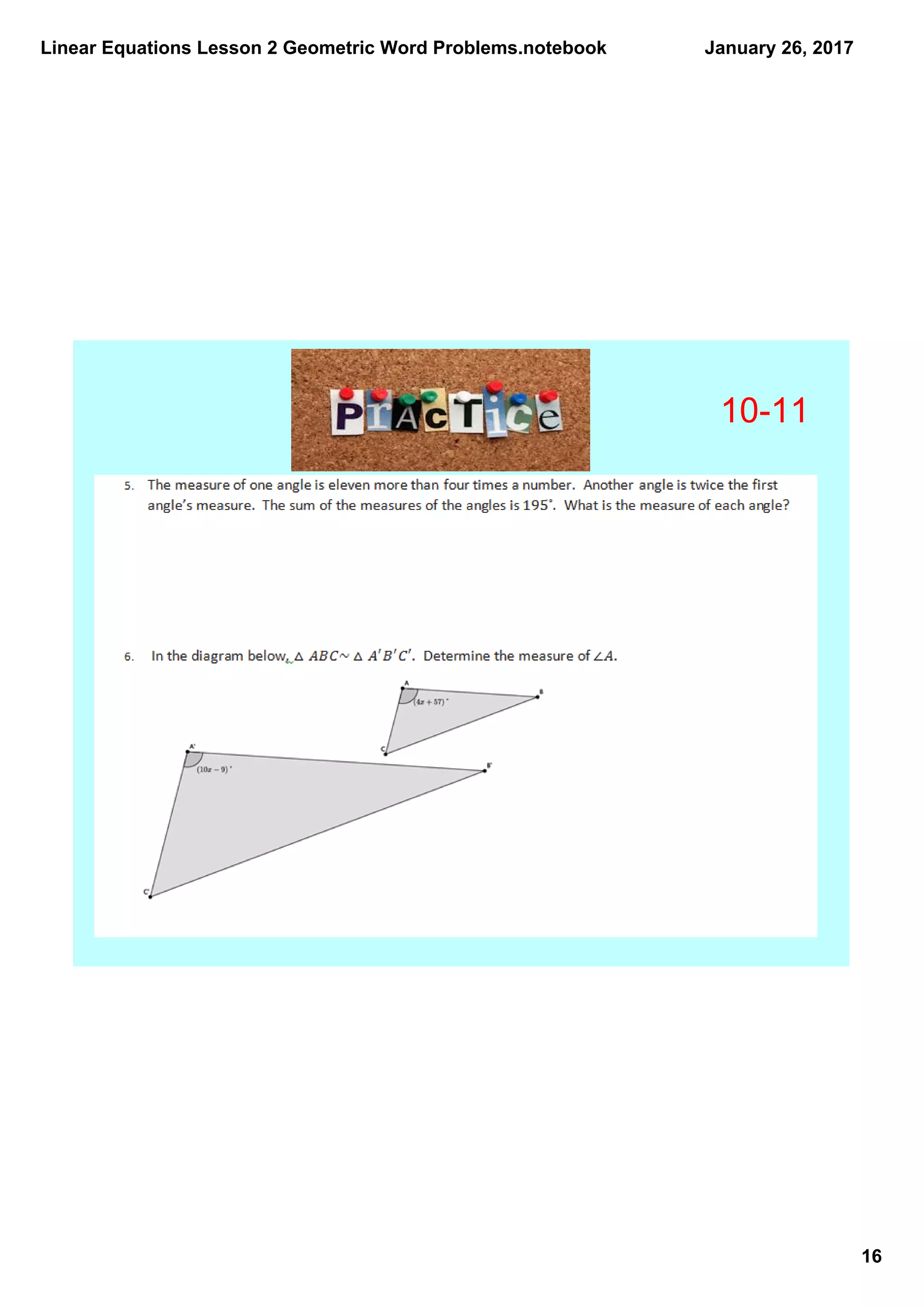 Linear Equations Lesson 2 Geometric Word Problems.notebook
16
January 26, 2017
10­11
 