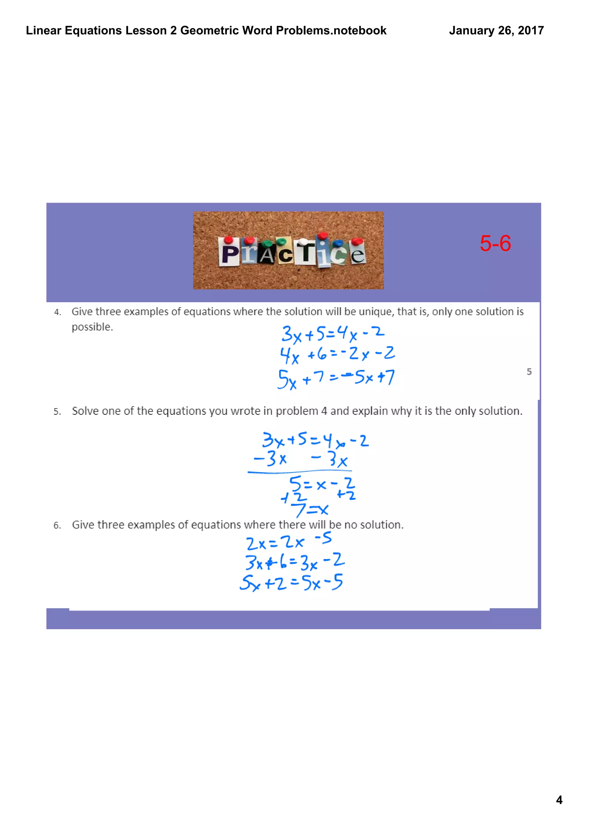 Linear Equations Lesson 2 Geometric Word Problems.notebook
4
January 26, 2017
5­6
 