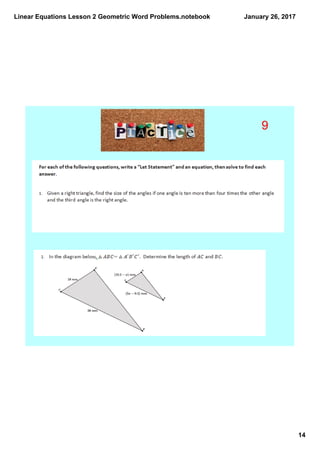 Linear Equations Lesson 2 Geometric Word Problems.notebook
14
January 26, 2017
9
 