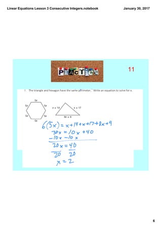 Linear equations lesson 3 consecutive integers | PDF