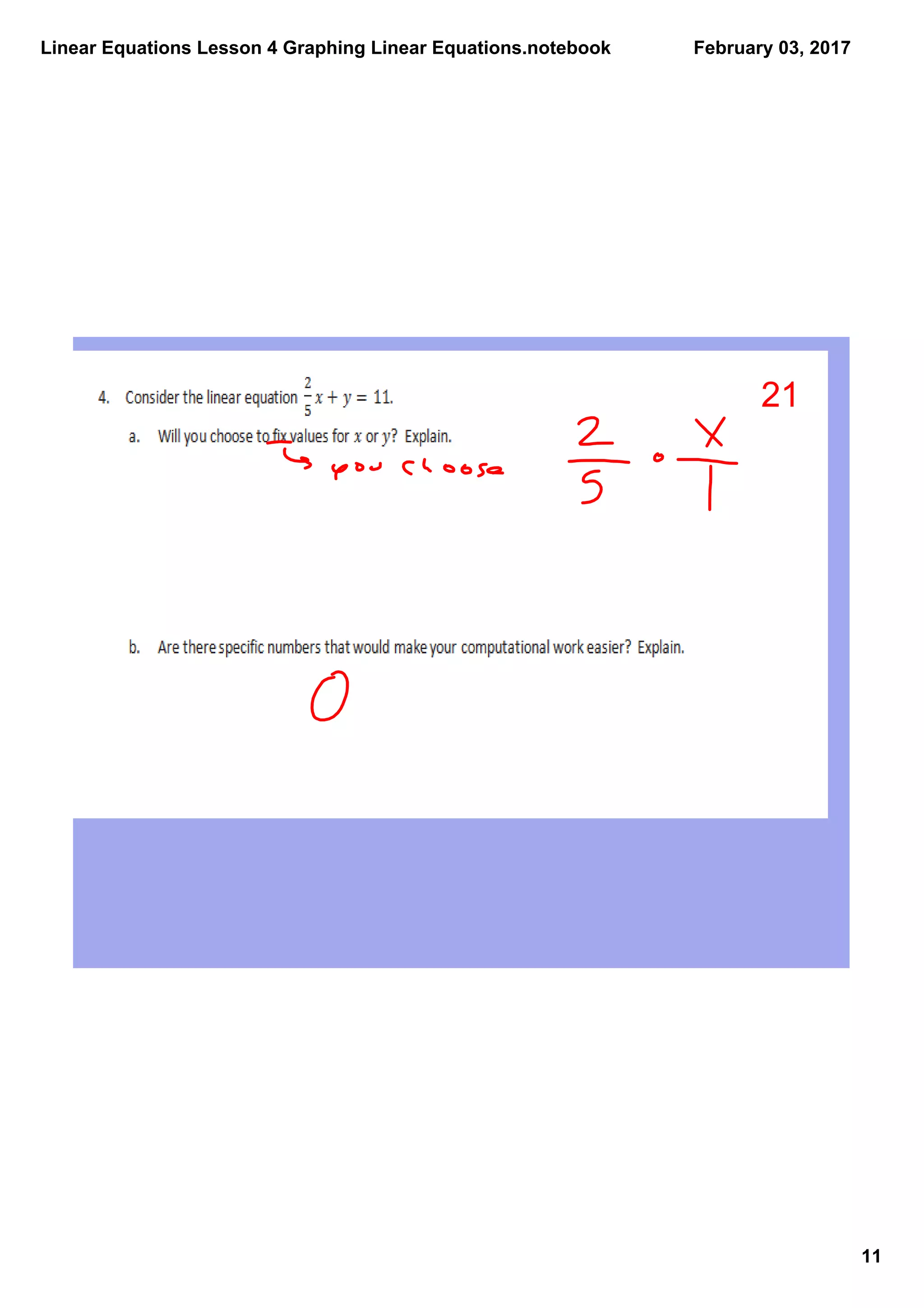 Linear Equations Lesson 4 Graphing Linear Equations.notebook
11
February 03, 2017
21
 
