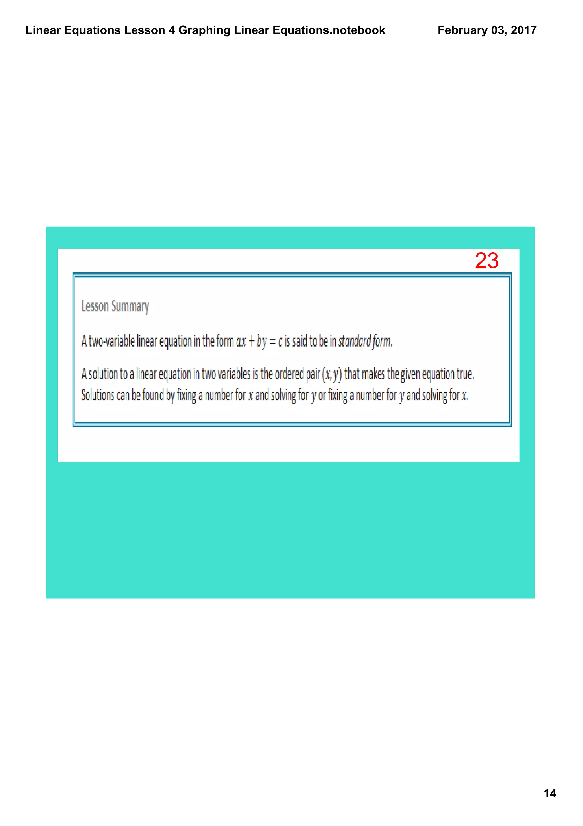 Linear Equations Lesson 4 Graphing Linear Equations.notebook
14
February 03, 2017
23
 