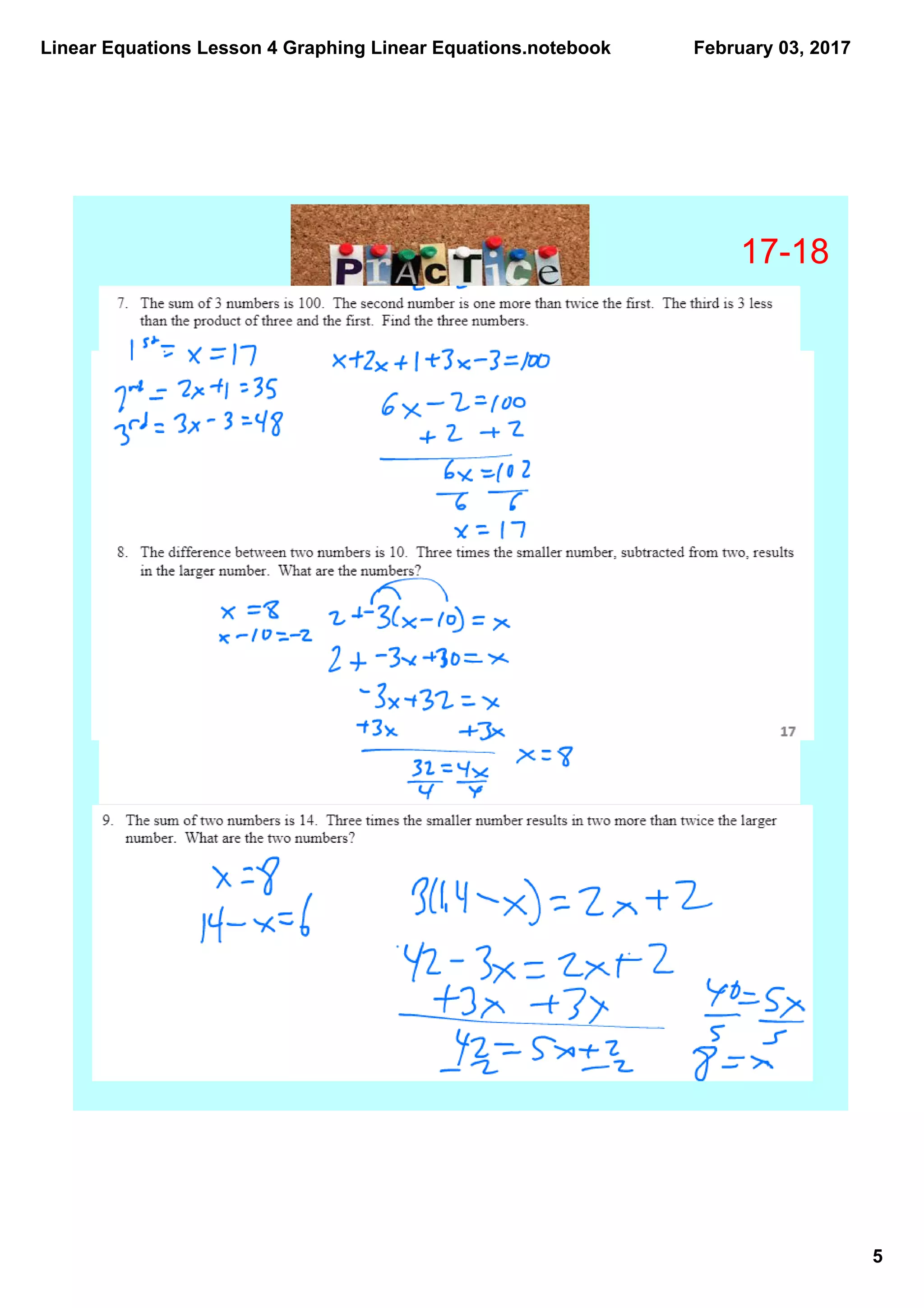 Linear Equations Lesson 4 Graphing Linear Equations.notebook
5
February 03, 2017
17­18
 
