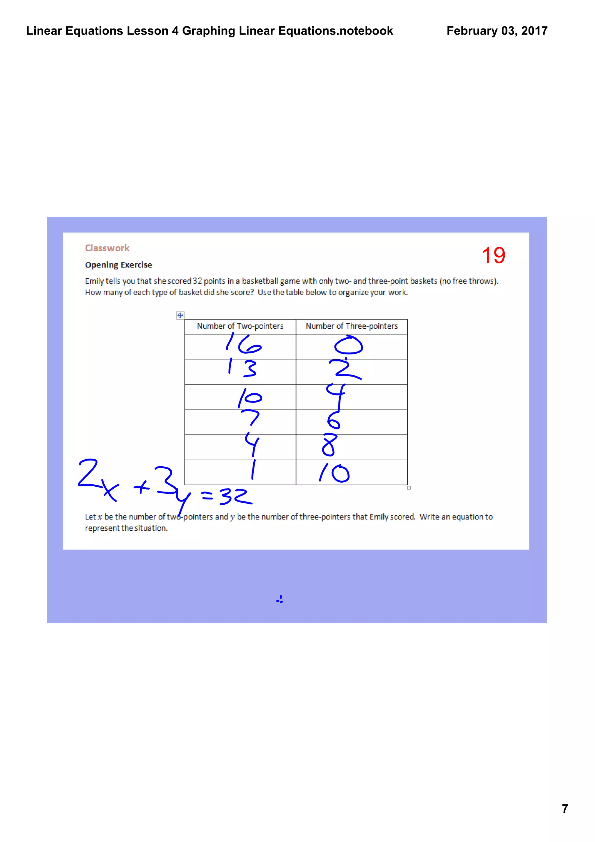 Linear Equations Lesson 4 Graphing Linear Equations.notebook
7
February 03, 2017
19
 