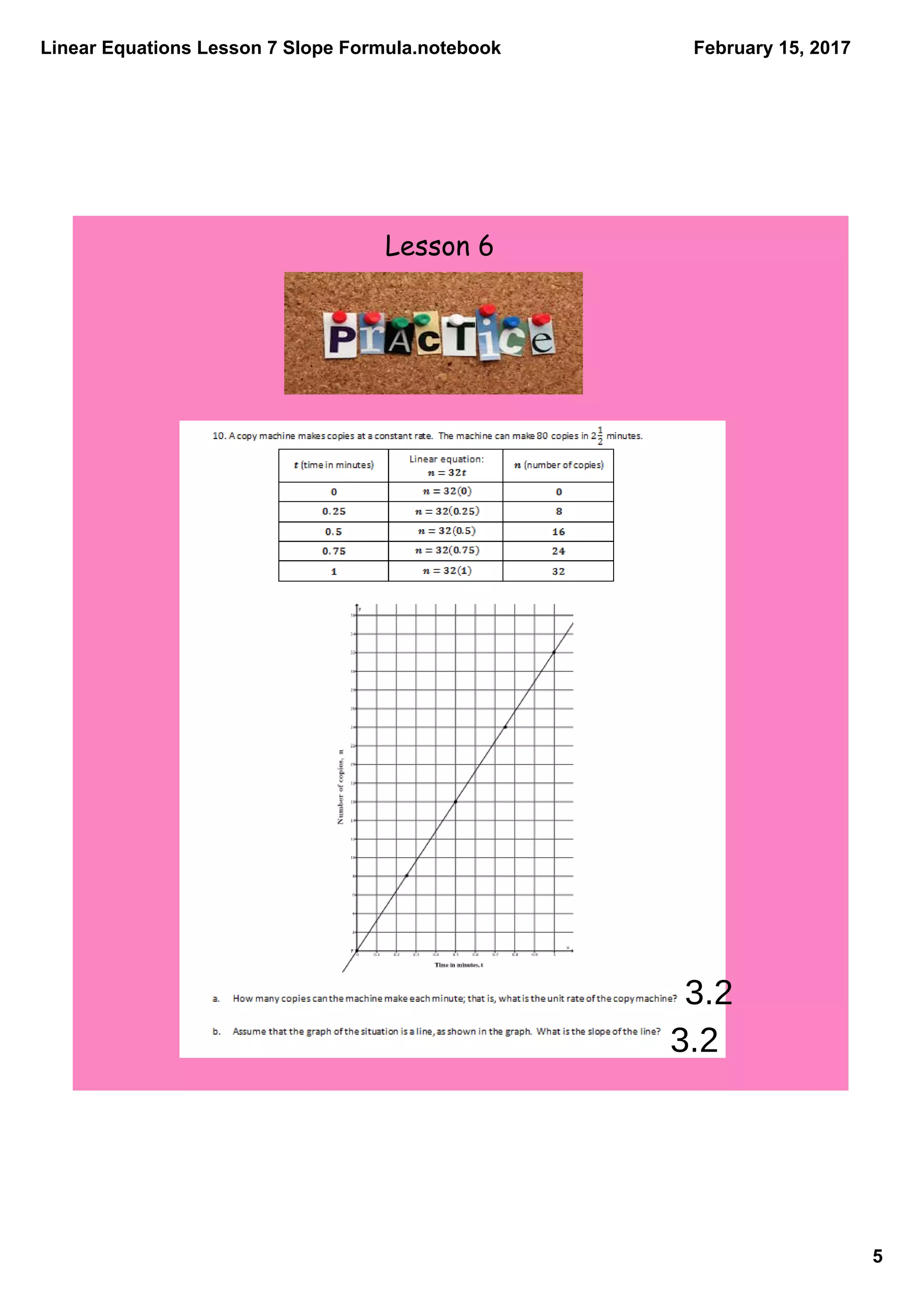 Linear Equations Lesson 7 Slope Formula.notebook
5
February 15, 2017
Lesson 6
3.2
3.2
 