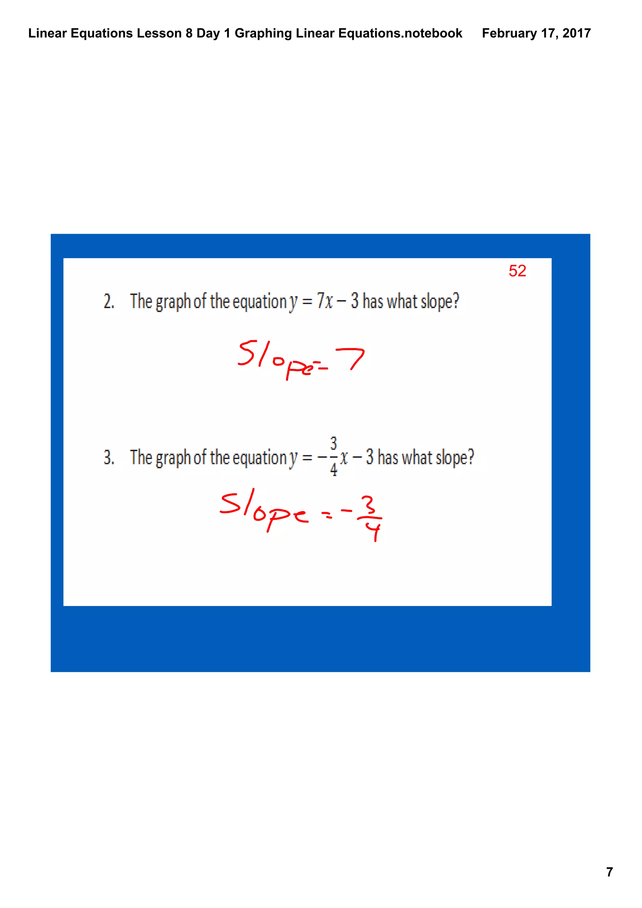 Linear Equations Lesson 8 Day 1 Graphing Linear Equations.notebook
7
February 17, 2017
52
 