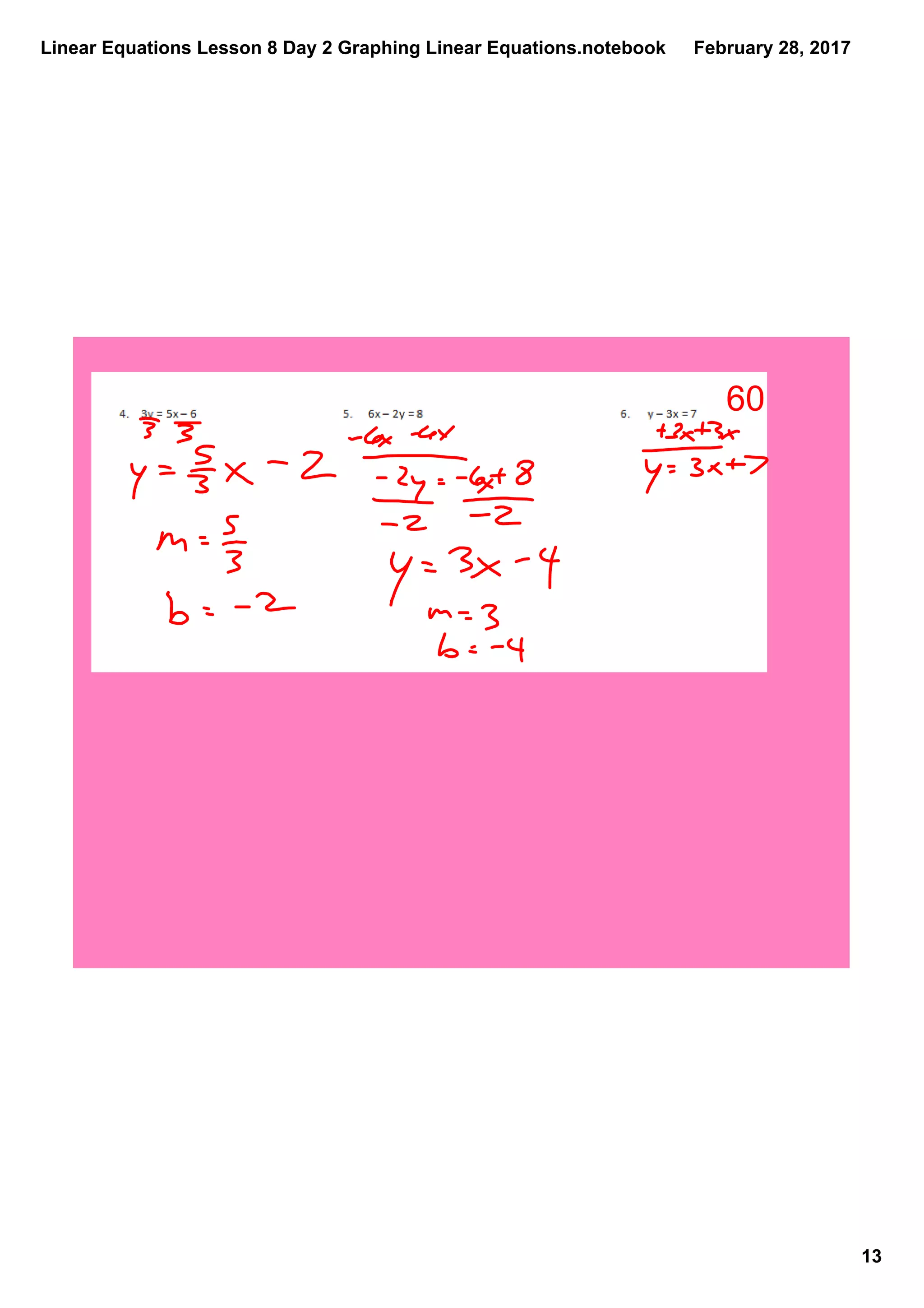 Linear Equations Lesson 8 Day 2 Graphing Linear Equations.notebook
13
February 28, 2017
60
 
