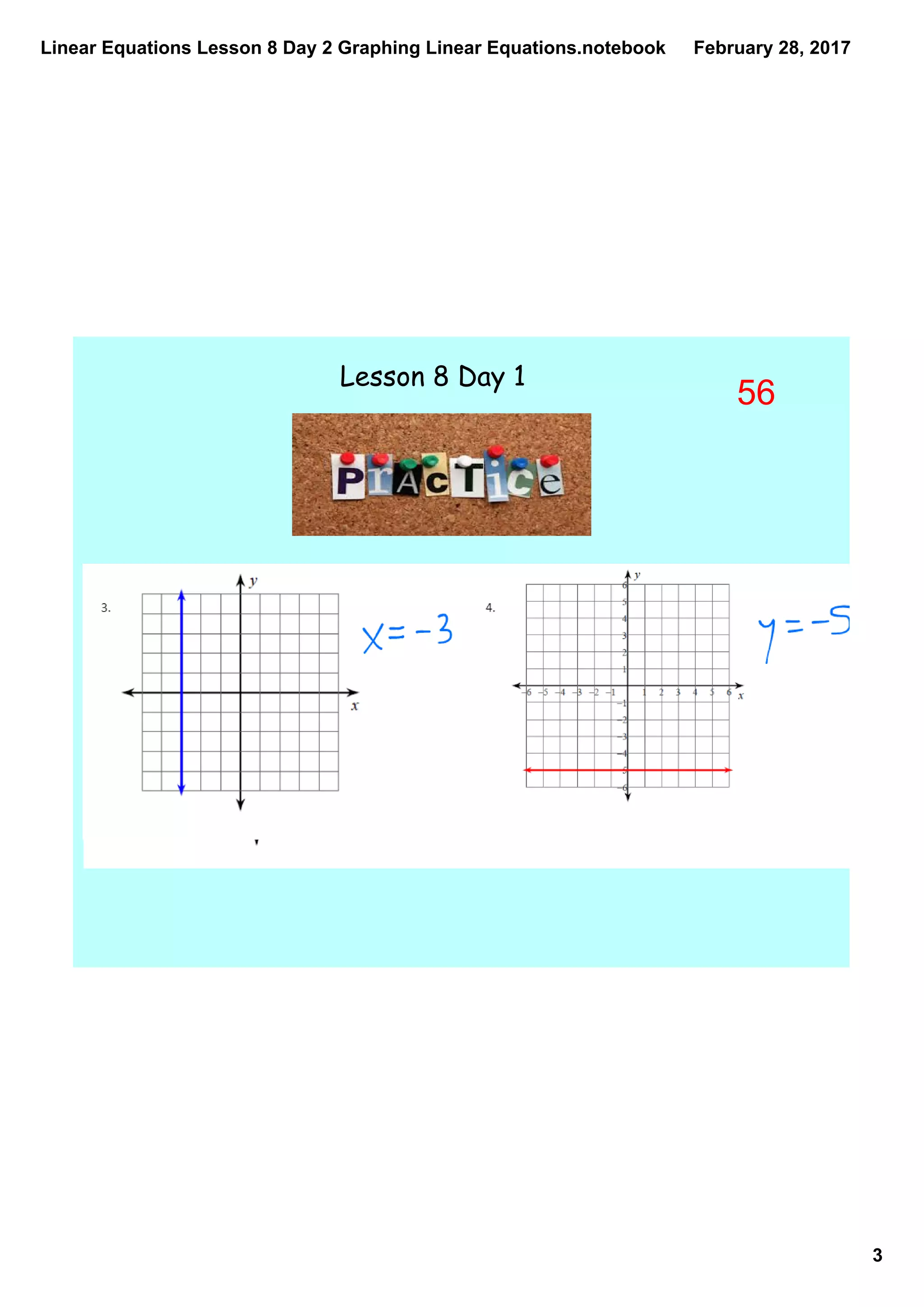 Linear Equations Lesson 8 Day 2 Graphing Linear Equations.notebook
3
February 28, 2017
Lesson 8 Day 1
56
 