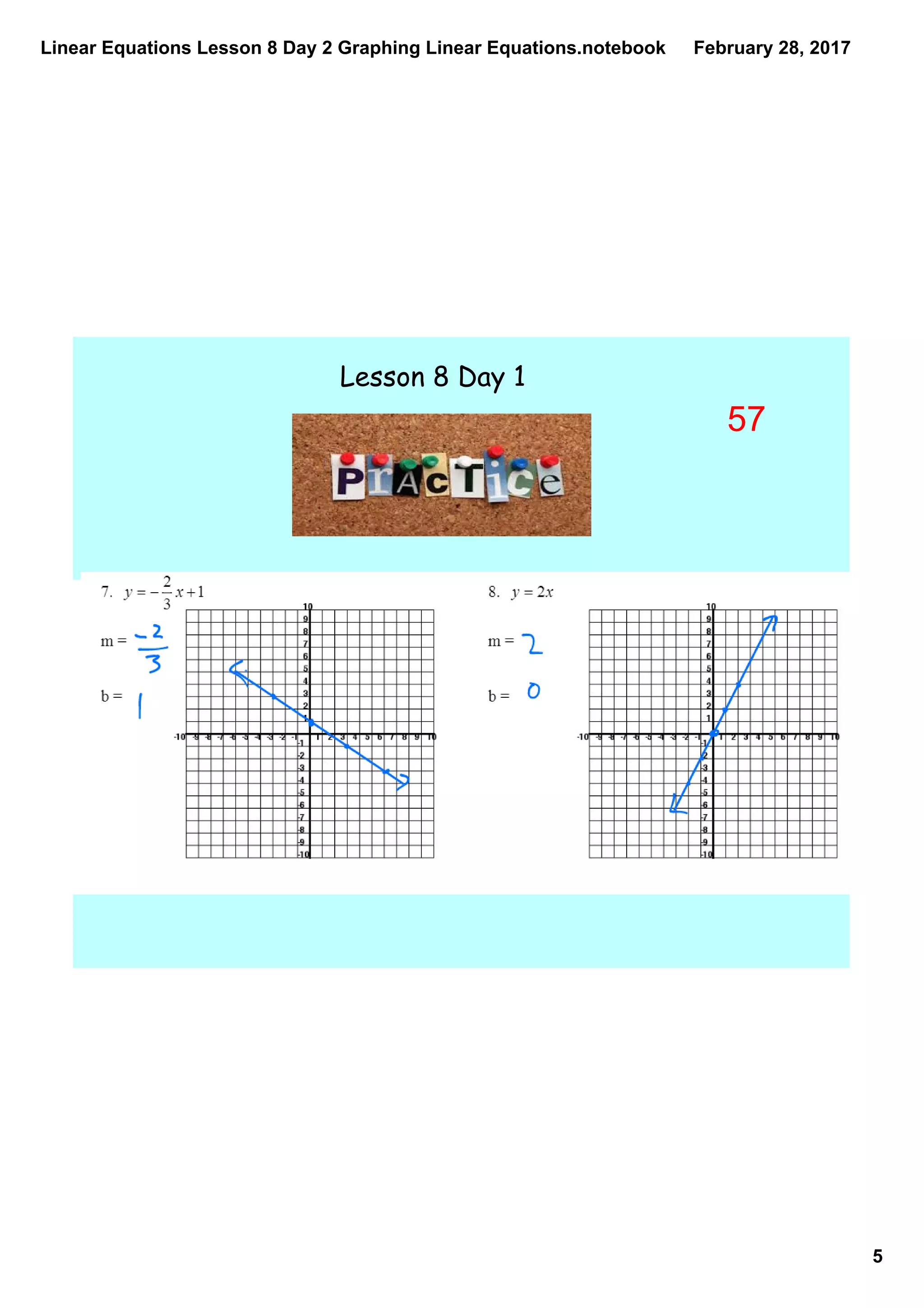 Linear Equations Lesson 8 Day 2 Graphing Linear Equations.notebook
5
February 28, 2017
Lesson 8 Day 1
57
 