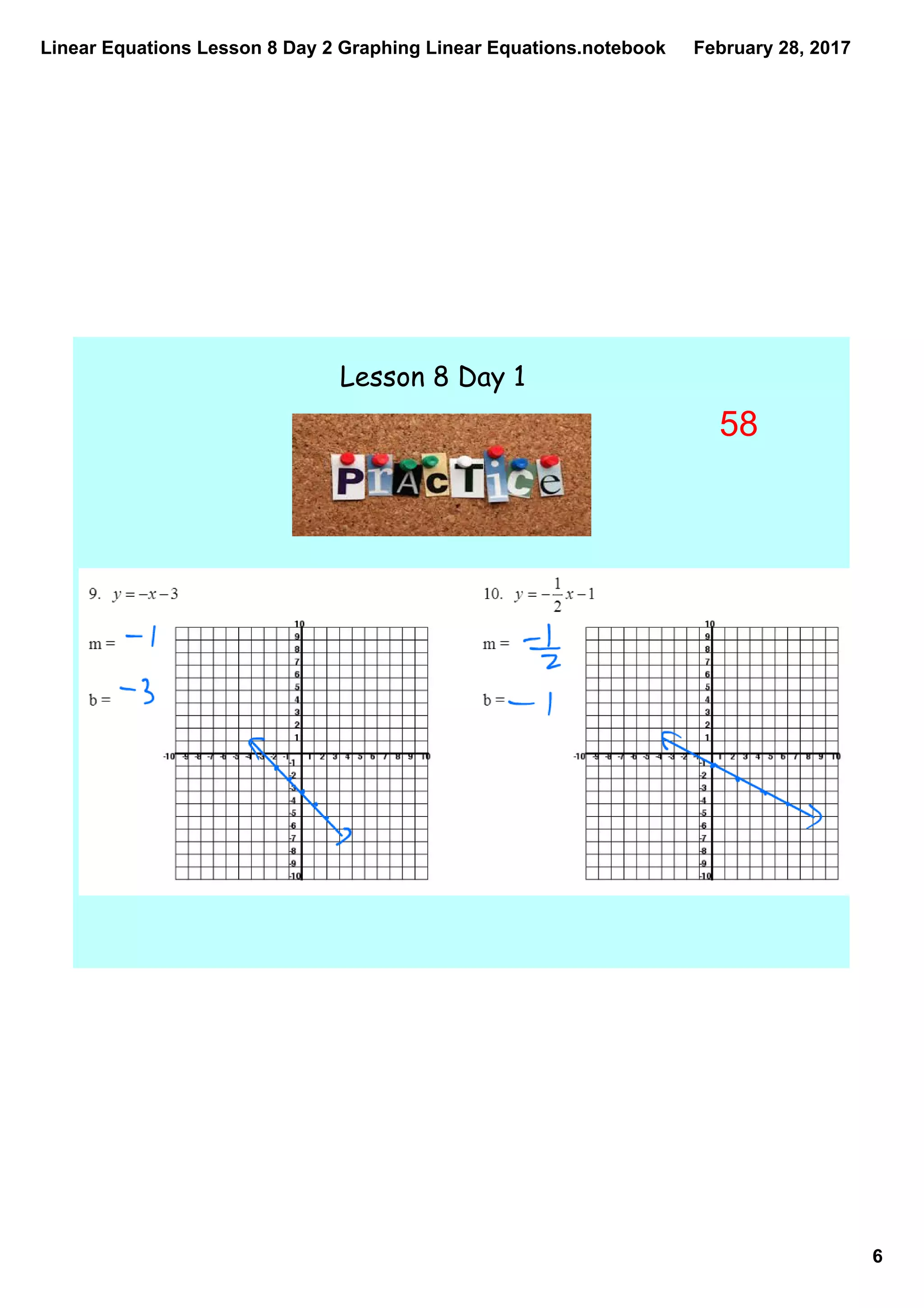 Linear Equations Lesson 8 Day 2 Graphing Linear Equations.notebook
6
February 28, 2017
Lesson 8 Day 1
58
 