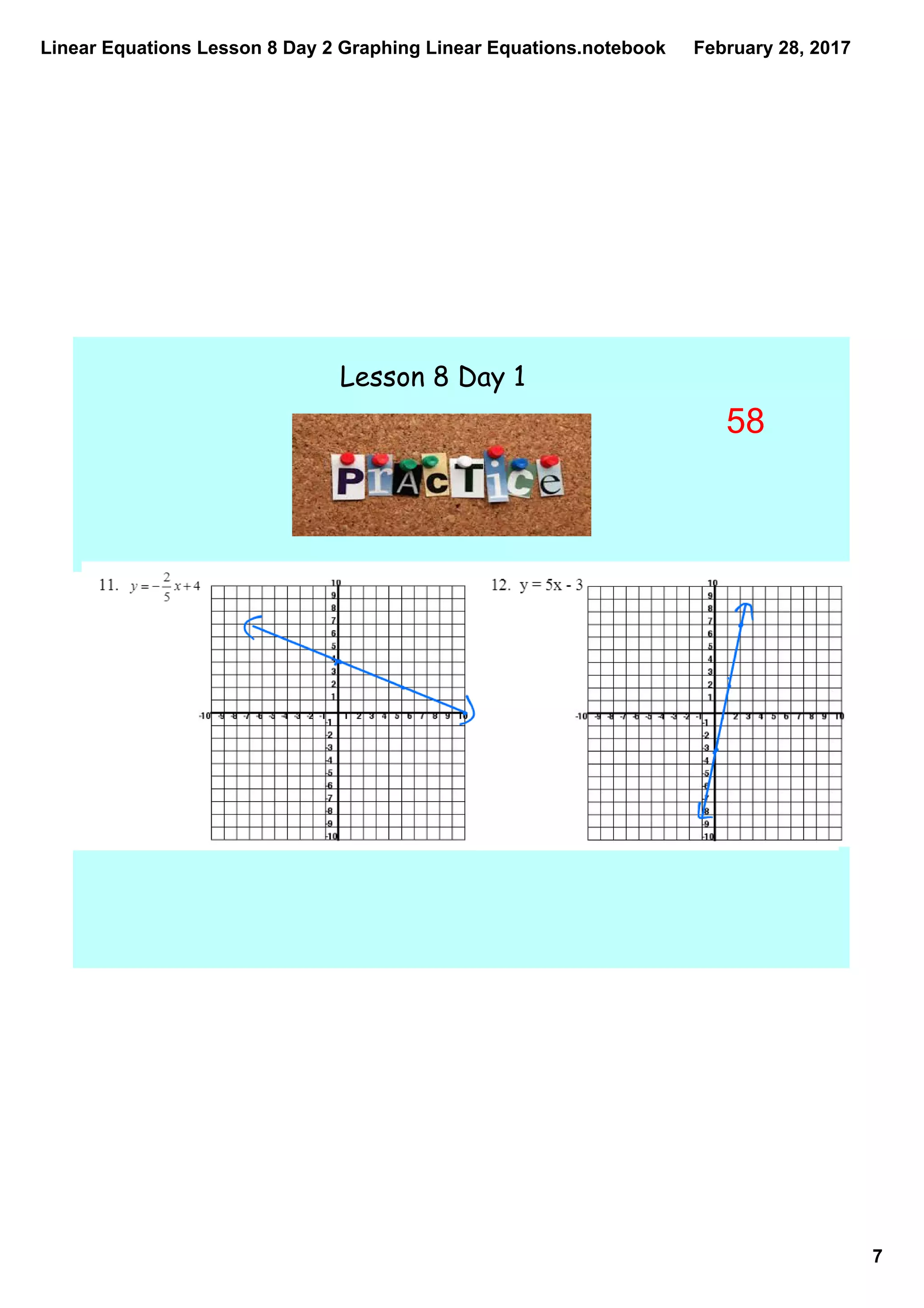 Linear Equations Lesson 8 Day 2 Graphing Linear Equations.notebook
7
February 28, 2017
Lesson 8 Day 1
58
 