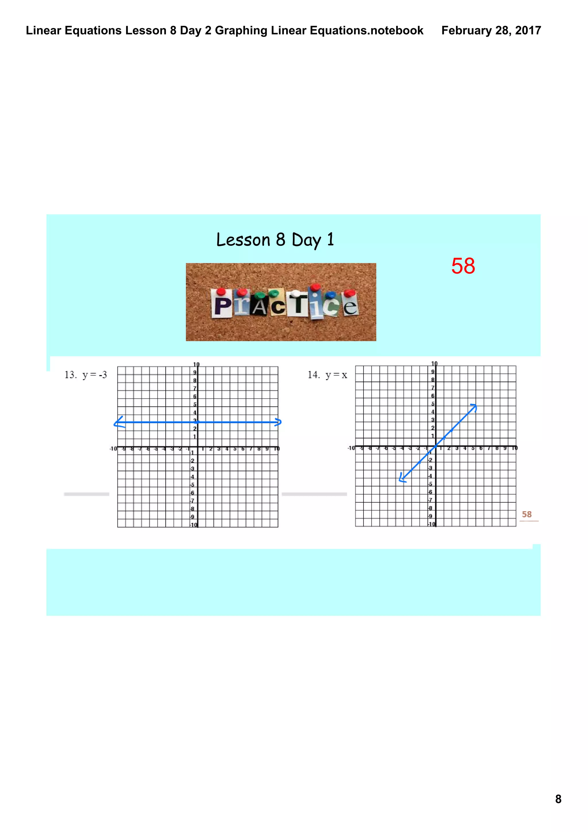 Linear Equations Lesson 8 Day 2 Graphing Linear Equations.notebook
8
February 28, 2017
Lesson 8 Day 1
58
 