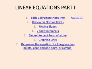 LINEAR EQUATIONS PART I
      1. Basic Coordinate Plane Info       Assignments
       2. Review on Plotting Points
             3. Finding Slopes
           4. x and y intercepts
     5. Slope-Intercept Form of a Line
             6. Graphing Lines
7. Determine the equation of a line given two
    points, slope and one point, or a graph.
 