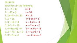 EXERCISE
Solve for x in the following
1. x + 4 = 10 x = 6
2. x -15 = 3 x = 18
3. 2x + 5 = 3x- 10 x = 15
4. X2 = 25 x= 5 or x = -5
5. X2 +10 = 11 x = 1 or x = -1
6. 3x2 + 6 = 18 x = -2 or x = 2
7. (x+3)(x+6) = 0 x = -3 or x = -6
8. X2 + 4x – 12 = 0 x = -6 or x = 2
9. X2 + 5x = -6 x = -2 or x = -3
 