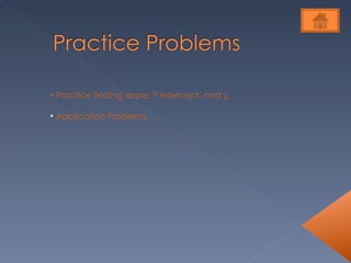  Practice finding slope, Y intercept, and graphing. Application Problems  