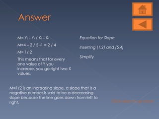 M= Y 2  - Y 1  / X 2  - X 1 M=4 – 2 / 5 -1 = 2 / 4 M= 1/ 2 This means that for every one value of Y you increase, you go right two X values.  Equation for Slope Inserting (1,2) and (5,4) Simplify  M=1/2 is an Increasing slope, a slope that is a negative number is said to be a decreasing slope because the line goes down from left to right.  Click Here to go back to “What Is A Linear Function” 
