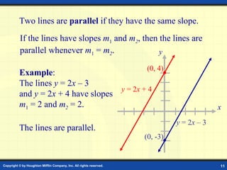Example: Parallel Lines Two lines are  parallel  if they have the same slope. If the lines have slopes  m 1  and  m 2 , then the lines are parallel whenever  m 1  =  m 2 . Example :  The lines  y  = 2 x  – 3  and  y  = 2 x  + 4 have slopes  m 1  = 2 and  m 2  = 2. The lines are parallel. x y y  = 2 x  + 4 (0, 4) y  = 2 x   –  3 (0, -3) 