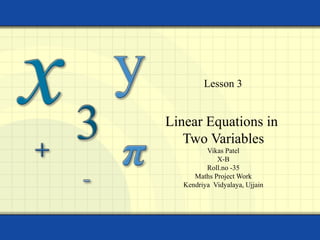 Linear Equations in  Two Variables Vikas Patel X-B Roll.no -35 Maths Project Work Kendriya  Vidyalaya, Ujjain   Lesson 3 