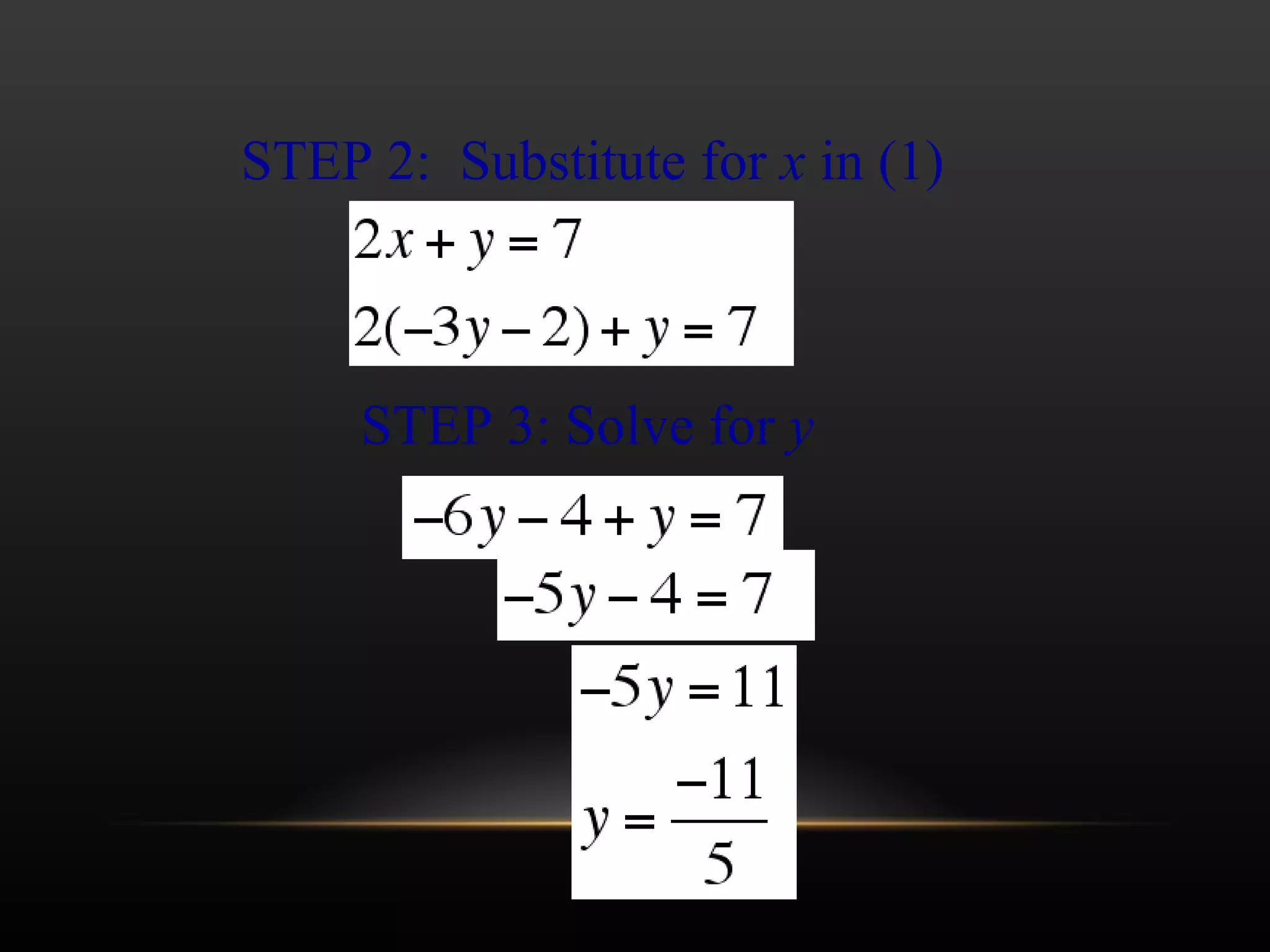STEP 2:  Substitute for  x  in (1) STEP 3: Solve for  y 