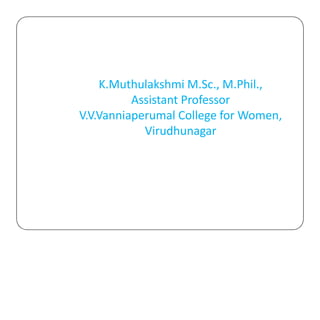 K.Muthulakshmi M.Sc., M.Phil.,
Assistant Professor
V.V.Vanniaperumal College for Women,
Virudhunagar
 