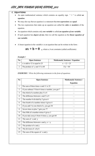 LEOV_SMPK PENABUR GADING SERPONG_2012
C. EQUATIONS
     An open mathematical sentence which contains an equality sign “ = “ is called an
     equation.
     We may also say that an equation is a statement that two expressions are equal.
     The two expressions that make up an equation are called the sides or members of the
     equation.
     An equation which contains only one variable is called an equation of one variable.
     If such equation has degree of one, then we call the equation as the linear equation of
     one variable.


     A linear equation in the variable x is an equation that can be written in the form :

                 ax + b = 0 , where a, b are constants (called coefficients)

     Example !
     No              Open Sentence                      Mathematic Sentence / Equation
      1    x is add to 12 is equal to 25                           x + 12 = 25
      2    The product of y and 15 is 60                            15y = 60


     EXERCISE ! Write the following statements in the form of equations.


     No                       Open Sentence                           Mathematic Sentence /
                                                                               Equation
      1    The sum of three times x and 11 is 32                                 …
      2    If you subtract 5 from 6 times a number, you get 7                    …
      3    One third of a number plus 5 is 8                                      ...
      4    The difference between x and 5 is 9                                   …
      5    The number b divided by 5 gives 6                                     …
      6    One fourth of a number minus 4 gives 4                                …
      7    If you add 3 to one third of z, you get 30                            …
      8    Seven times m plus 7 gets you 77                                      …
      9    One fifth of a number minus 4 gives 3                                 …
     10    If you take away 6 from 6 times y, you get 60                         …
     11    The sum of x and y                                                    …
     12    The difference between x and y, x > y                                 …
     13    The product of x and y                                                …
     14    The division of a by b                                                ….
     15    The sum of the square of x and y                                      ….
 