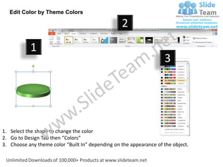 Edit Color by Theme Colors

                                                  2
           1
                                                                    3




1. Select the shape to change the color
2. Go to Design Tab then “Colors”
3. Choose any theme color “Built In” depending on the appearance of the object.
 