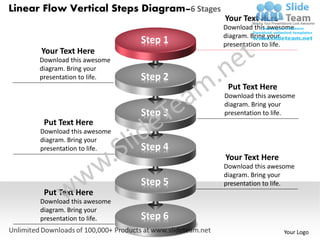 Linear Flow Vertical Steps Diagram–6 Stages
                                              Your Text Here
                                              Download this awesome
                                              diagram. Bring your
                              Step 1          presentation to life.
      Your Text Here
      Download this awesome
      diagram. Bring your
      presentation to life.   Step 2
                                               Put Text Here
                                              Download this awesome
                                              diagram. Bring your
                              Step 3          presentation to life.
       Put Text Here
      Download this awesome
      diagram. Bring your
      presentation to life.   Step 4
                                              Your Text Here
                                              Download this awesome
                                              diagram. Bring your
                              Step 5          presentation to life.
       Put Text Here
      Download this awesome
      diagram. Bring your
      presentation to life.   Step 6
                                                               Your Logo
 