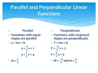 Parallel and Perpendicular Linear FunctionsParallelFunctions with equal slopes are parallely = mx + by = 𝟑𝟐 x + 1y = 𝟑𝟐 x + 4m = 𝟑𝟐 PerpendicularFunctions with reciprocal slopes are perpendicularY = mx + bY = −𝟑𝟒 x + 2Y = 𝟒𝟑 x + 3M = −𝟑𝟒 and m = 𝟒𝟑 