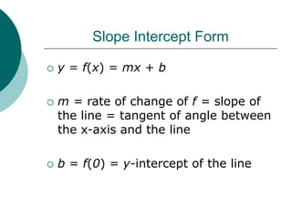 Slope Intercept Form
 y = f(x) = mx + b
 m = rate of change of f = slope of
the line = tangent of angle between
the x-axis and the line
 b = f(0) = y-intercept of the line
 