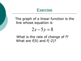 Exercise
The graph of a linear function is the
line whose equation is
What is the rate of change of f?
What are f(0) and f(-2)?
8
5
2 
 y
x
 