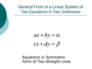 General Form of a Linear System of
Two Equations in Two Unknowns






dy
cx
by
ax
Equations in Symmetric
Form of Two Straight Lines
 