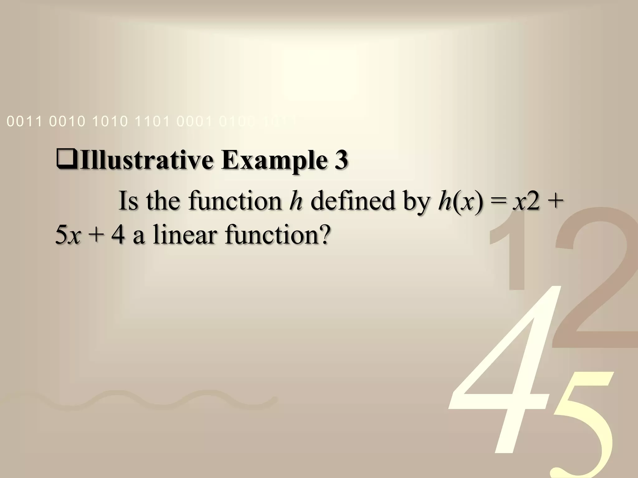 421
0011 0010 1010 1101 0001 0100 1011
Illustrative Example 3
Is the function h defined by h(x) = x2 +
5x + 4 a linear function?
 