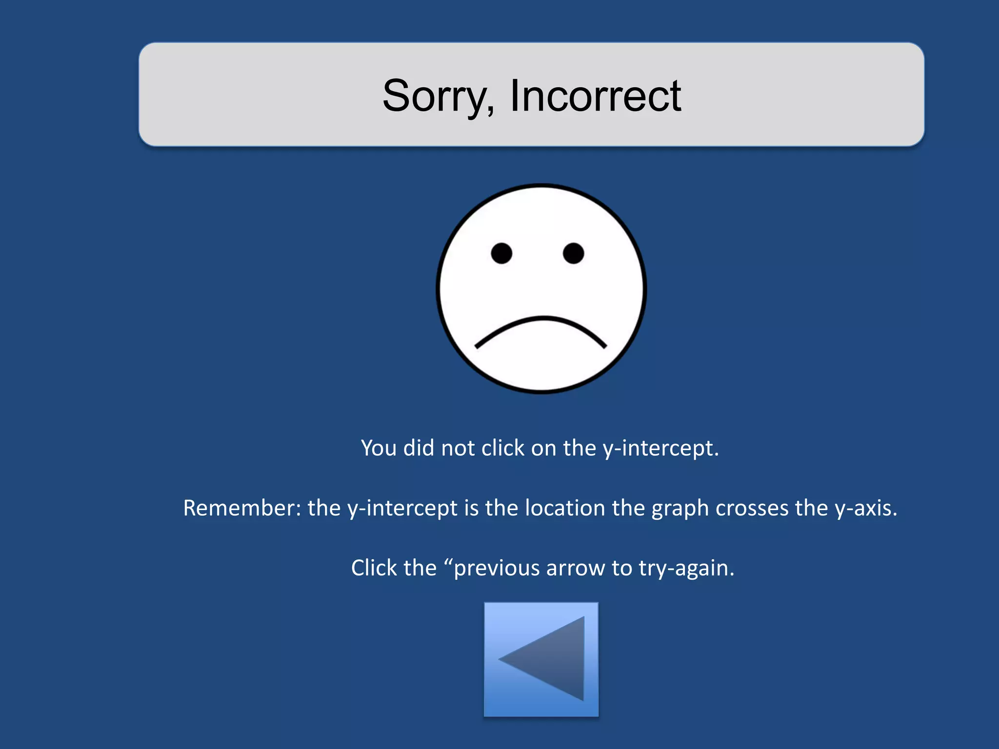Sorry, Incorrect 
You did not click on the y-intercept. 
Remember: the y-intercept is the location the graph crosses the y-axis. 
Click the “previous arrow to try-again. 
 