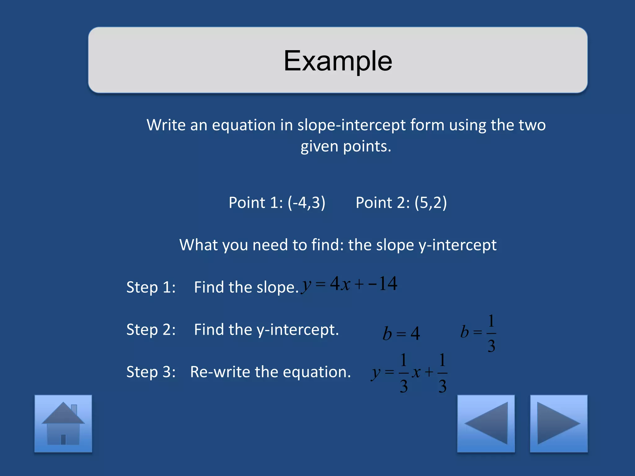 Example 
Write an equation in slope-intercept form using the two 
given points. 
Point 1: (-4,3) Point 2: (5,2) 
What you need to find: the slope y-intercept 
Step 1: Find the slope. 
y = 4x +-14 
Step 2: Find the y-intercept. 
Step 3: Re-write the equation. 
b = 4 b = 
1 
3 
y = 
1 
3 
x + 
1 
3 
 