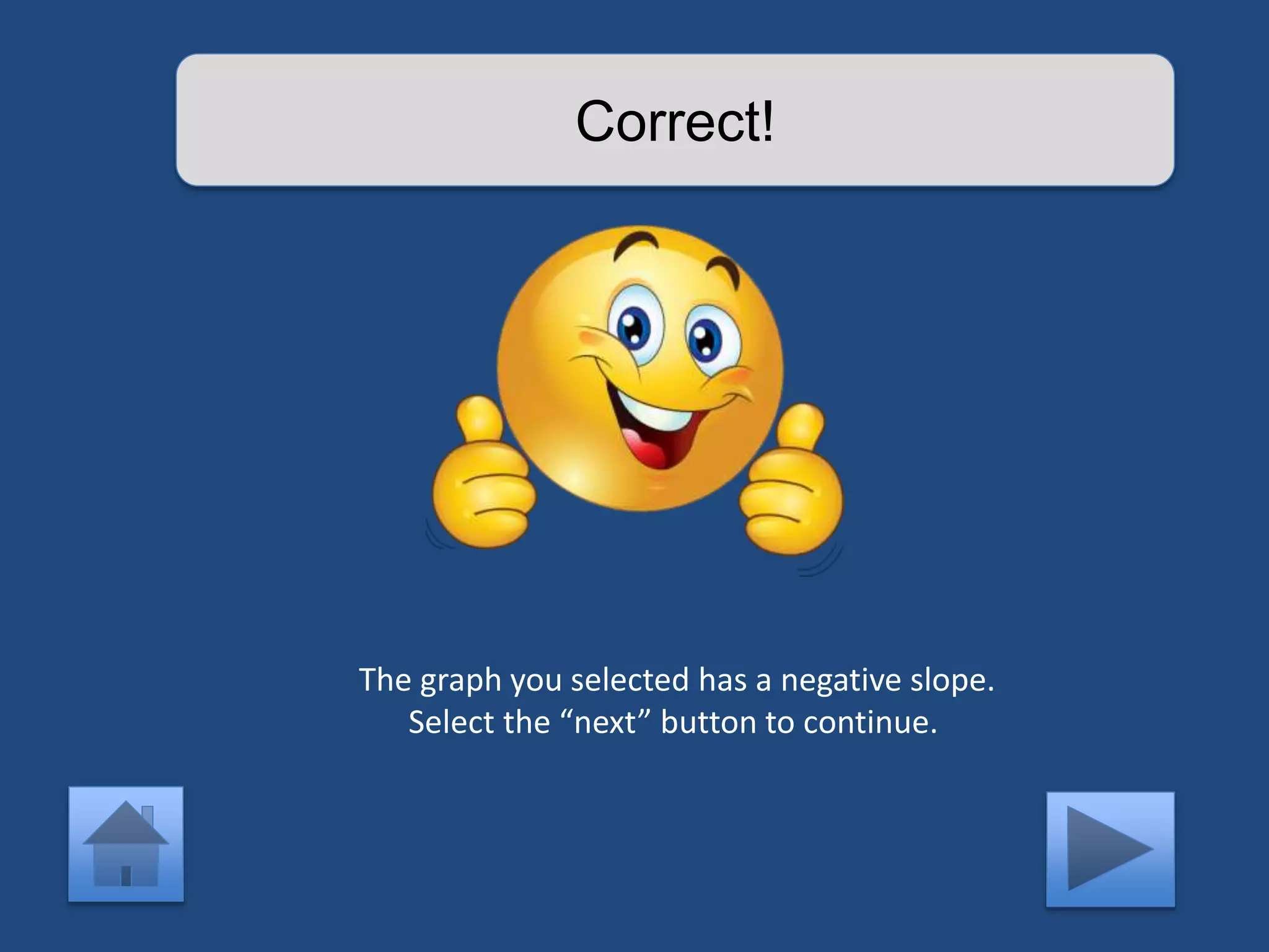 Correct! 
The graph you selected has a negative slope. 
Select the “next” button to continue. 
 
