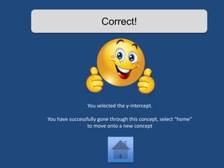 Correct! 
You selected the y-intercept. 
You have successfully gone through this concept, select “home” 
to move onto a new concept 
 
