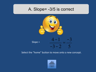 A. Slope= -3/5 is correct 
Slope = 
4-1 
-3- 2 
= 
-3 
5 
Select the “home” button to move onto a new concept. 
 