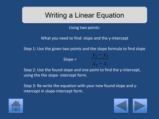 Writing a Linear Equation 
Using two points- 
What you need to find: slope and the y-intercept 
Step 1: Use the given two points and the slope formula to find slope 
Slope = 
Step 2: Use the found slope and one point to find the y-intercept, 
using the the slope- intercept form. 
Step 3: Re-write the equation with your new found slope and y-intercept 
in slope-intercept form. 
y2 - y2 
x2 - x1 
 