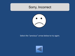 Sorry, Incorrect 
Select the “previous” arrow below to try-again. 
 