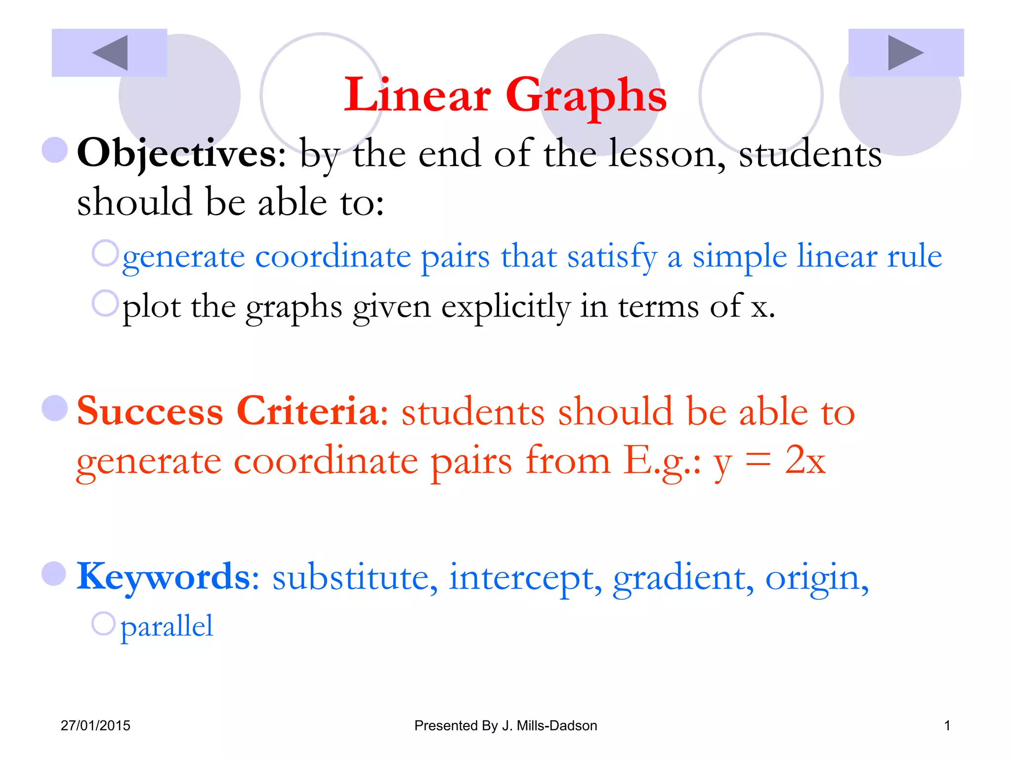 27/01/2015 Presented By J. Mills-Dadson 1
Linear Graphs
Objectives: by the end of the lesson, students
should be able to:
generate coordinate pairs that satisfy a simple linear rule
plot the graphs given explicitly in terms of x.
Success Criteria: students should be able to
generate coordinate pairs from E.g.: y = 2x
 Keywords: substitute, intercept, gradient, origin,
parallel
 