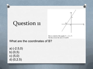 Question 11


What are the coordinates of B?

a) (-2.5,0)
b) (0,5)
c) (5,0)
d) (0,2.5)
 