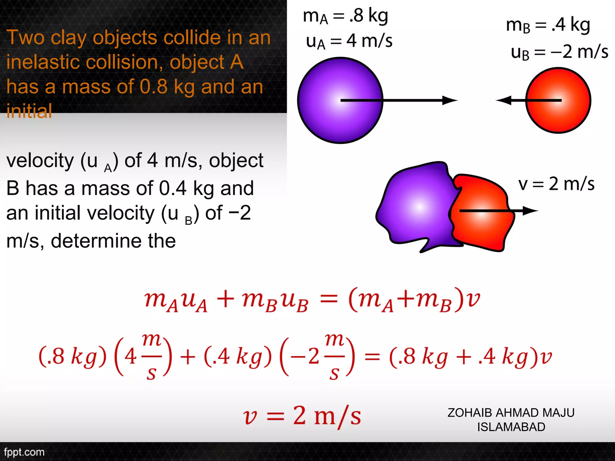 Two clay objects collide in an
inelastic collision, object A
has a mass of 0.8 kg and an
initial

velocity (u A) of 4 m/s, object
B has a mass of 0.4 kg and
an initial velocity (u B) of −2
m/s, determine the final
velocity of A and B.




                                  ZOHAIB AHMAD MAJU
                                      ISLAMABAD
 