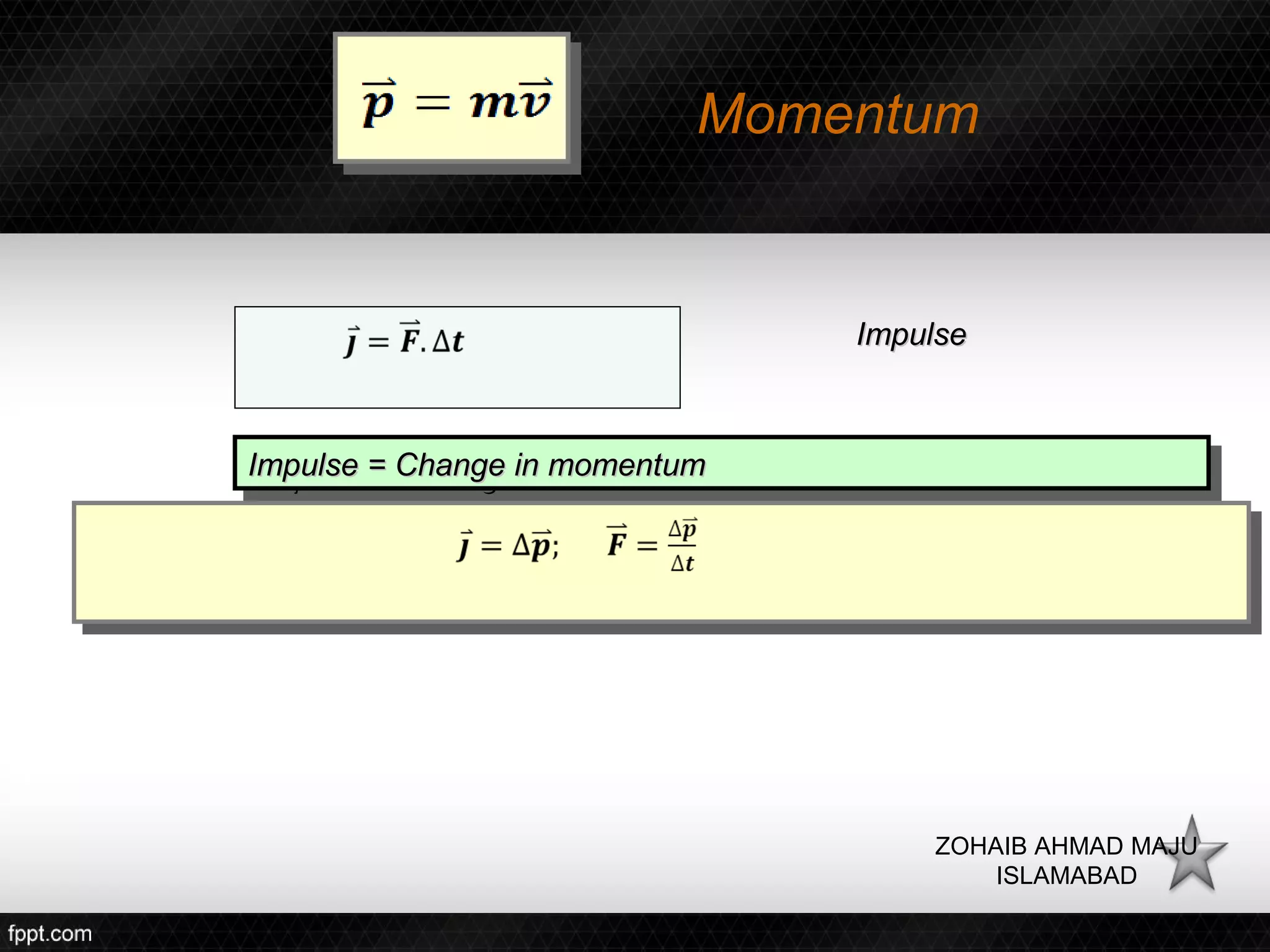 Momentum


                                Impulse



Impulse = Change in momentum
 Impulse = Change in momentum




                                    ZOHAIB AHMAD MAJU
                                        ISLAMABAD
 