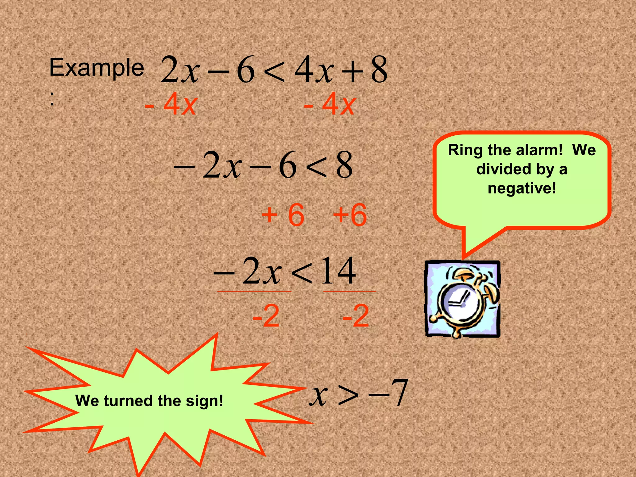 2x - 6 < 4x + 8 
- 4x - 4x 
- 2x - 6 < 8 
Example 
: 
+ 6 +6 
- 2x <14 
-2 -2 
Ring the alarm! We 
divided by a 
negative! 
We turned the sign! x > -7 
 