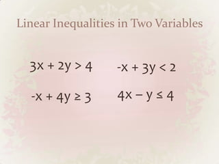 Linear Inequalities in Two Variables


  3x + 2y > 4      -x + 3y < 2

  -x + 4y ≥ 3      4x – y ≤ 4
 