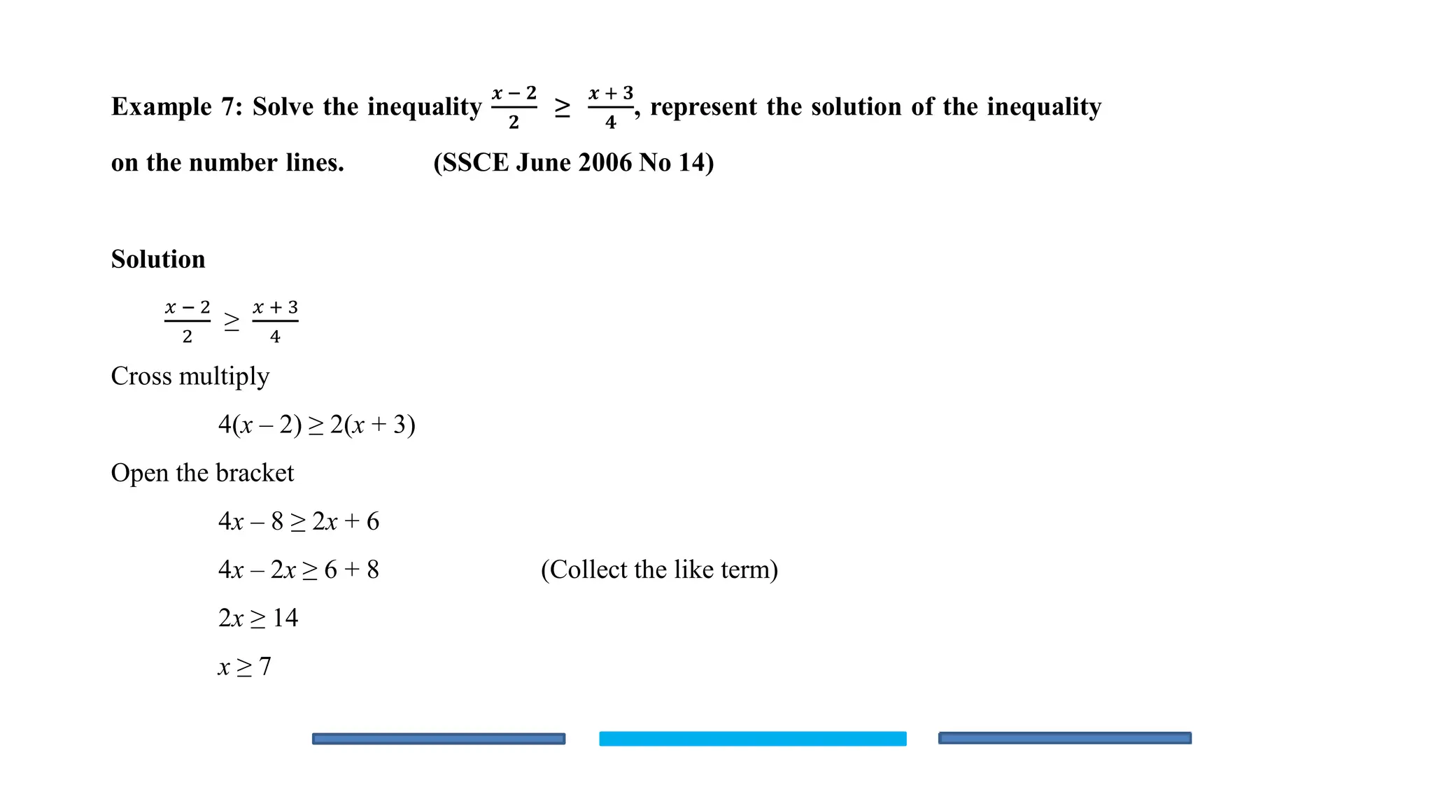 Example 7: Solve the inequality
𝒙 − 𝟐
𝟐
≥
𝒙 + 𝟑
𝟒
, represent the solution of the inequality
on the number lines. (SSCE June 2006 No 14)
Solution
𝑥 − 2
2
≥
𝑥 + 3
4
Cross multiply
4(x – 2) ≥ 2(x + 3)
Open the bracket
4x – 8 ≥ 2x + 6
4x – 2x ≥ 6 + 8 (Collect the like term)
2x ≥ 14
x ≥ 7
 